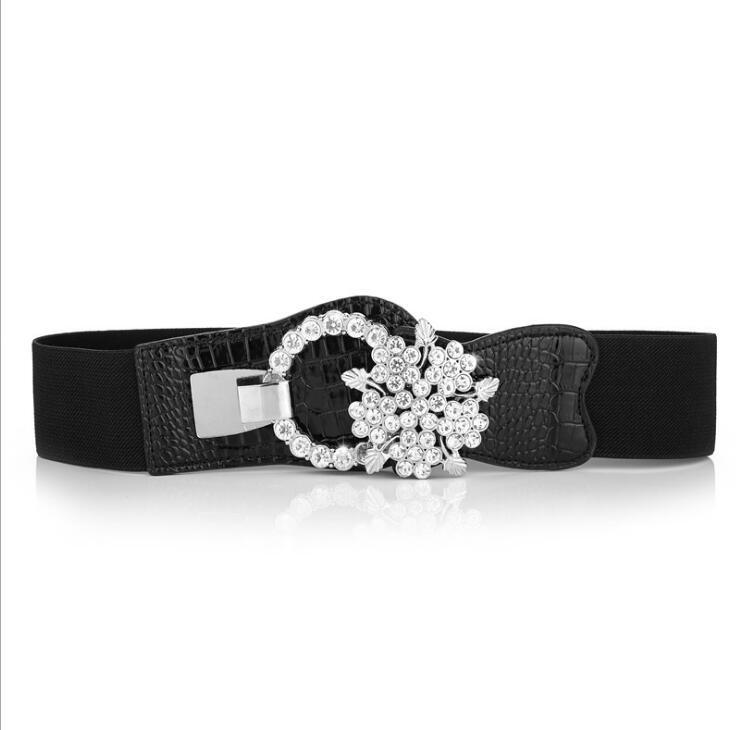 

Belts Mujer Rhinestone Button Designer For Women High Quality Cummerbunds Wide Coat Ceinture Femme Dress Spandex Elastic, Black