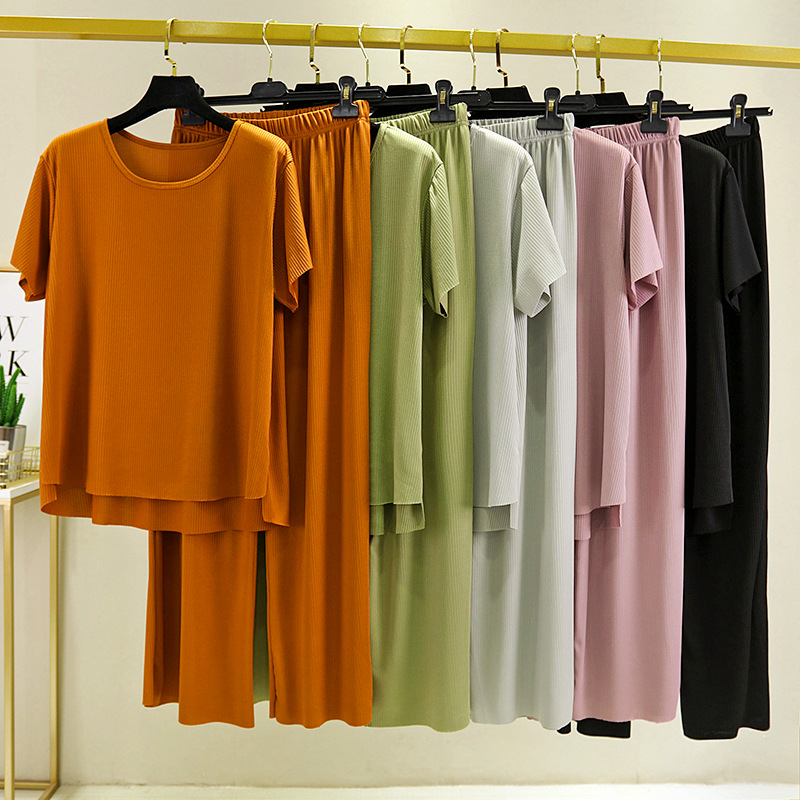 

New Summer Sleeping Suits Female Cotton Round Ne Short-Sleeved Two-Piece Set Wide Leg Pants casual suit Pijama 2 Pieces SetFree shipping by, Caramel