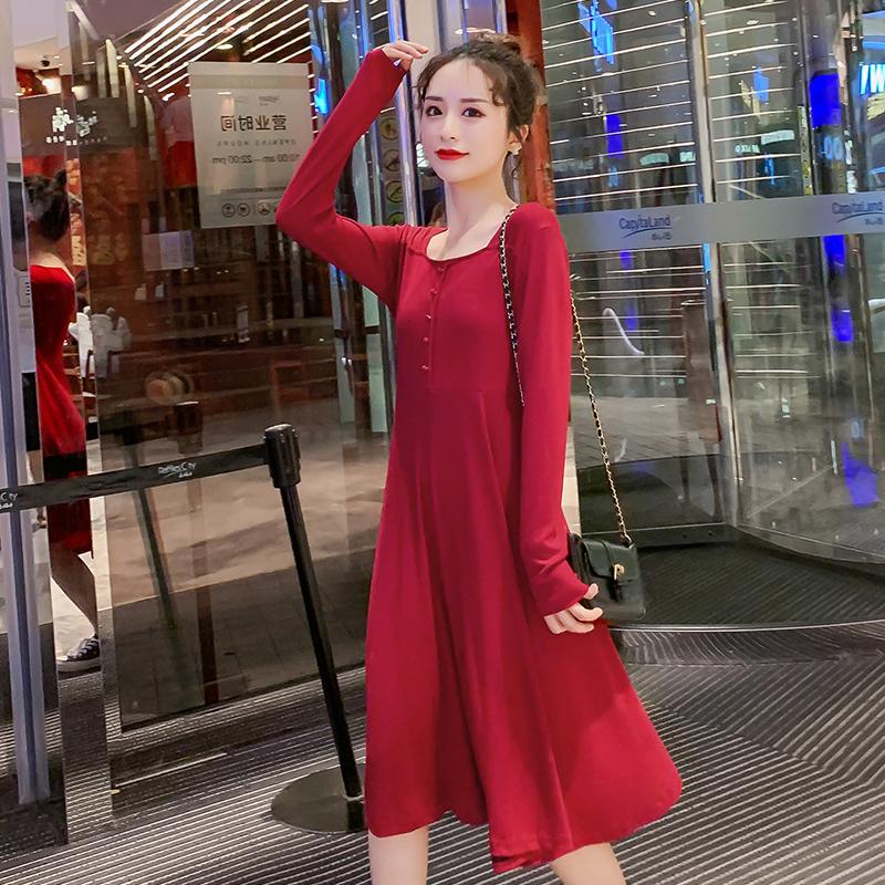

Maternity Dresses Long Sleeve Pregnant Women Cotton Dress Black Red Square Collar Stretched Basic Fit Flare Pregnancy