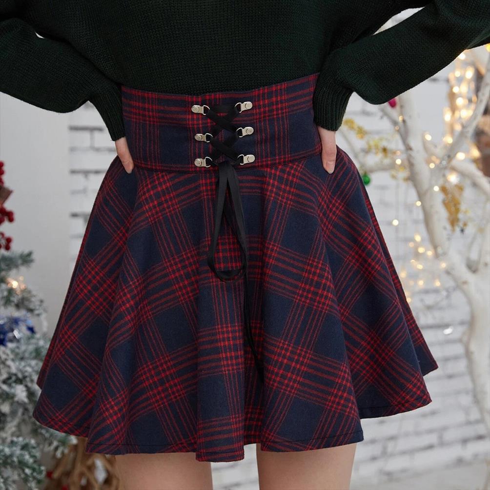 

korean style pleated girls women skirt punk mini plaid lace up high waist jupe femme, Black