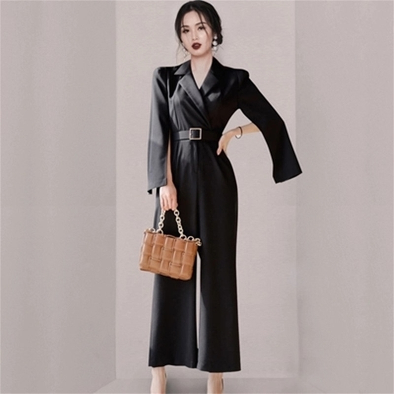 

High Quality Office Ladies V-neck Sashes Women Jumpsuits Stylish Lantern Sleeve Slim Waist Female Wide Leg Pant Playsuit 210603, Black