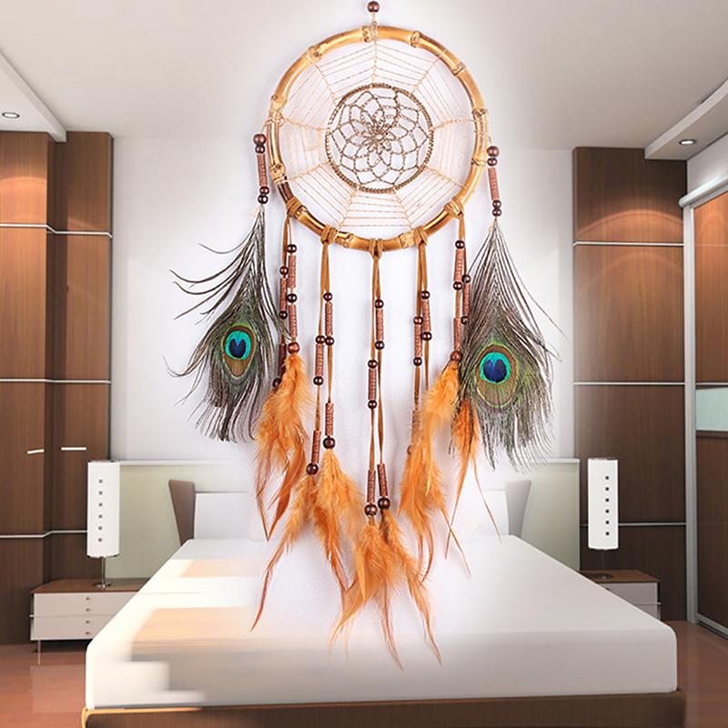 

Peacock Green Catcher's Wind Chimes Dream Net Catcher Circular Wall Hanging With Feather Bedroom Decoration Decorative Objects & Figurines