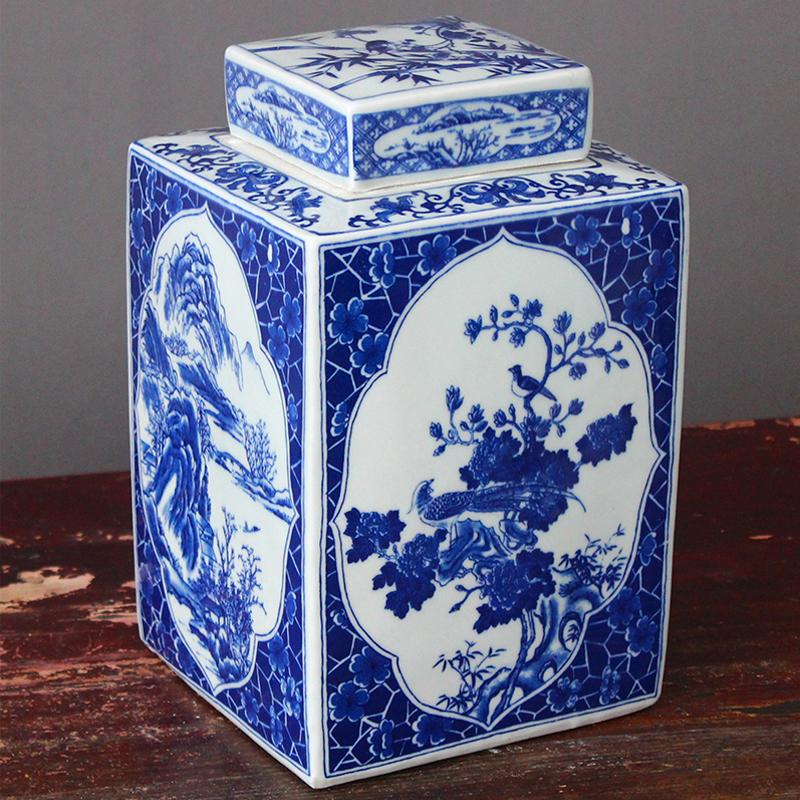 

Jingdezhen Blue And White Porcelain Chinese Style Square Jar Ceramic Ornament Can Storage Study Antique Decoration Vases