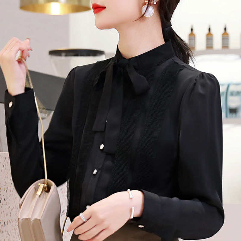 

Womens Tops And Blouses Stand Collar Chiffon Blouse Women Tops Fashion Woman Blouses Long Sleeve Women Shirts Blusas C400 210602, White