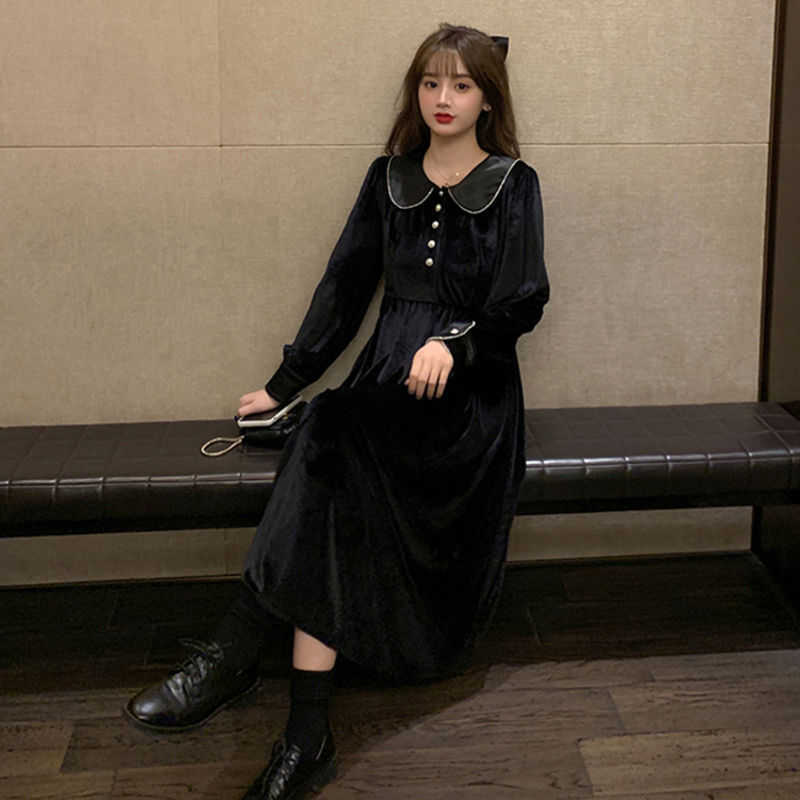 

Vintage Cute Velvet Long Sleeve Dress Black Winter Women Doll Collar Midi Korean Lady Wedding Party 210604, Black velvet dress