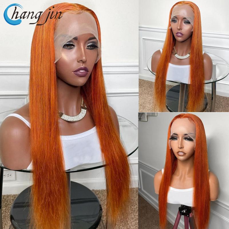 

Lace Wigs Changjin Ginger Orange Color 13X4 Front For Women Brazilian Remy Human Hair 4x4 Closure Straight, Black;brown