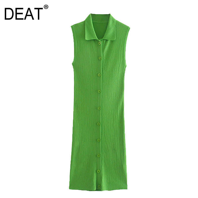

[DEAT] Women Summer Fashion Green Single-breasted Turn-down Collar Sleeveless Elasticity Knitting Dress 13Q440 210527