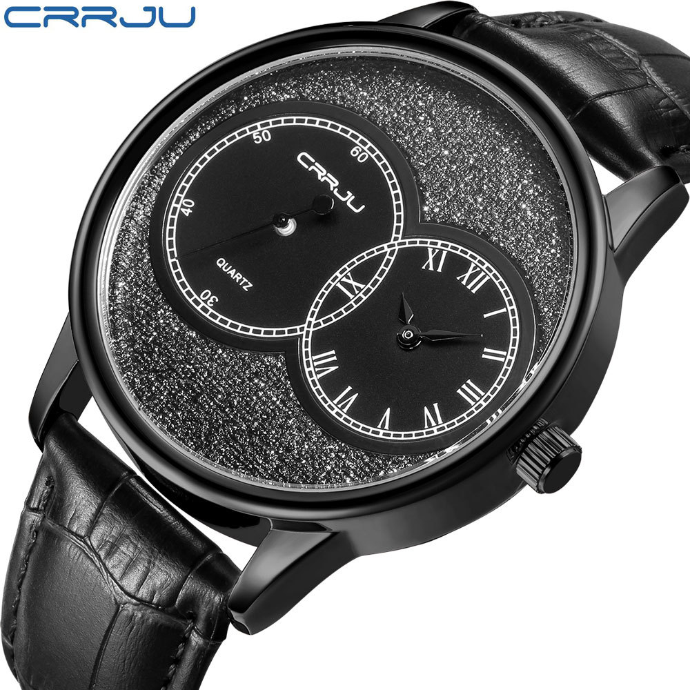 

CRRJU 2133 Watches Leather Dual Time Hand Watch Man Wristwatches Quartz Wristwatch Sport Military Clock Men Relogio Masculino Montre Homme, Black black