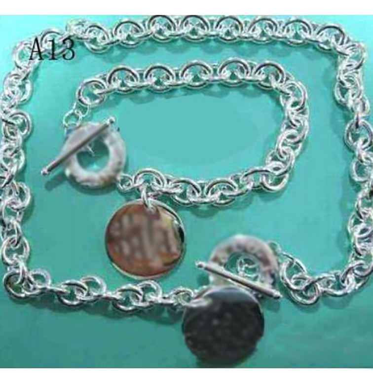 

TIF S925 Bracelet & Necklace BIG love heart stainless steel thick chians plates Pendant Jewelry sets with blue box, Silver