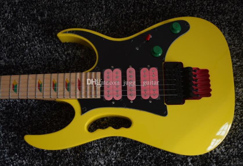 

RARE 24 Frets 77 Yellow Electric Guitar Pyramid Fretboard Inlay,Floyd Rose Tremolo, Black Hardware, Pink Pickups, Lions Claw Tremolo Cavity