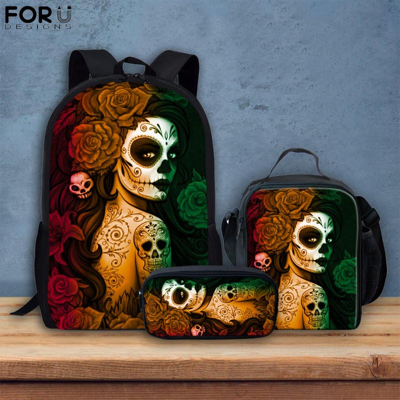 

School Bags FORUDESIGNS Gothic Girls Design Teen Backpack Set For Student Bookbags Small Insulation Meal Children Pencil Case