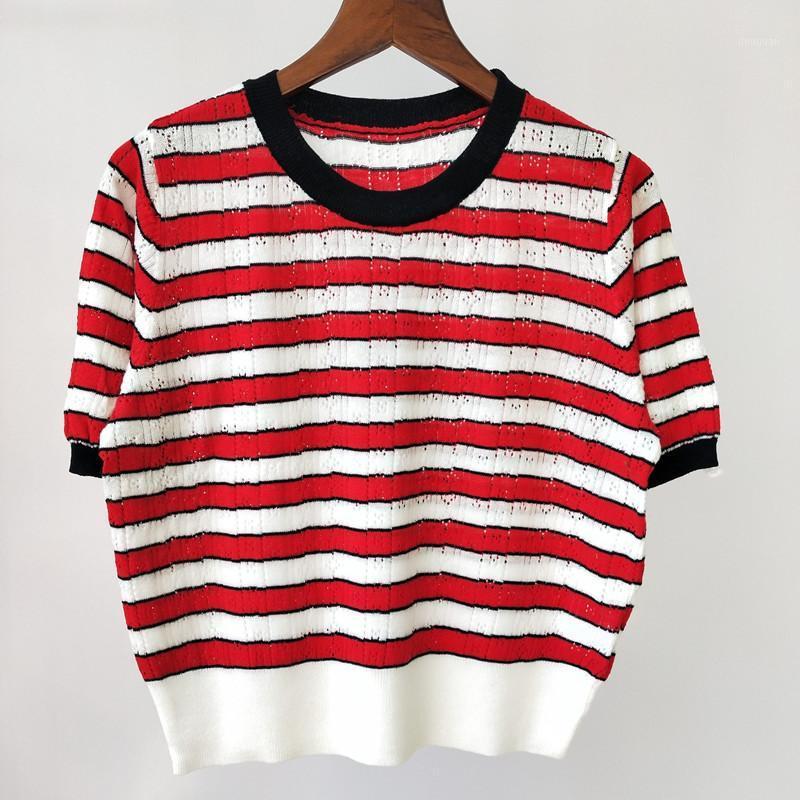 

Summer Ladies O-Neck Designs T-Shirt Female Striped Hollow Out Knitting Short Sleeve Tops Casual Loose Tees Women, Red