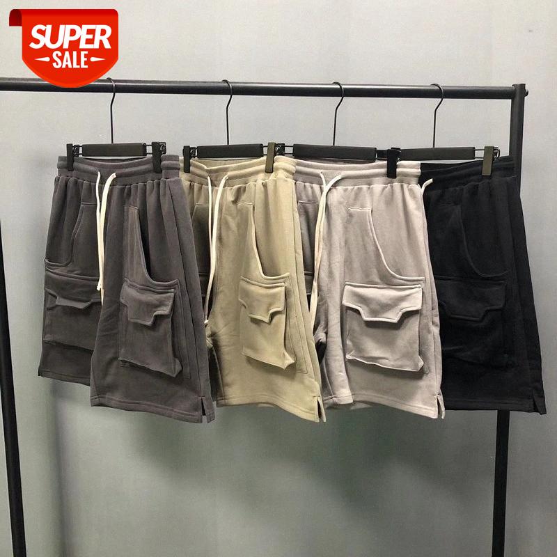 

Functional multi-pocket solid color shorts hip-hop loose drawstring split overalls men #C56g, Black