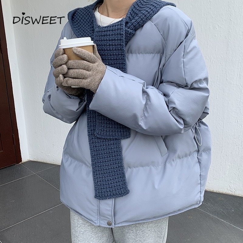 

down Patchwork Hood Woman Korean Thick Solid Long-sleeved Jacket Women Simple Winter Warm and Loose O-Neck Women's Parkas, Black