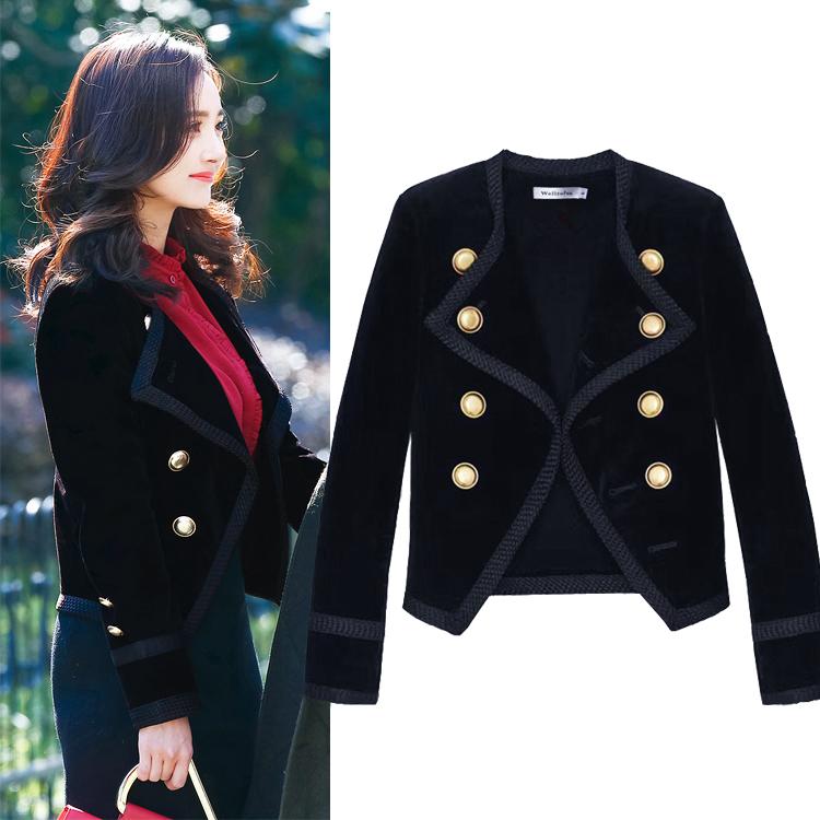 

Women' Jackets Women Autumn Fashion Design Double Breasted Long Sleeve Slim Waist Short Velvet Blazer Suit Coat Casacos SMLXL, Black