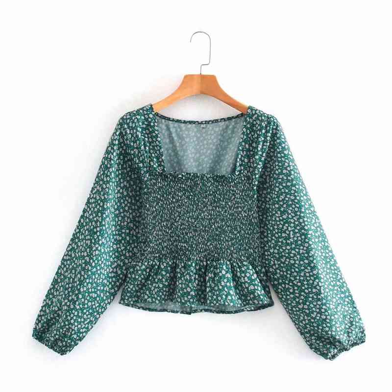 

Women Casual Square Collar Floral Blouse Puff Sleeve Ruffles Crop Tops Preppy Style Sweet Shirts Ladies NX9750 210525, Red