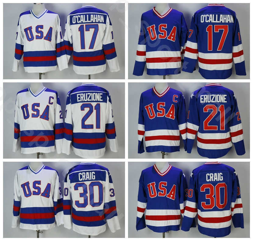 

1980 USA Ice Hockey 21 Mike Eruzione Jerseys Men College 17 Jack Ocallahan 30 Jim Craig Vintage Stitched Team Color Blue Away White, 17 white