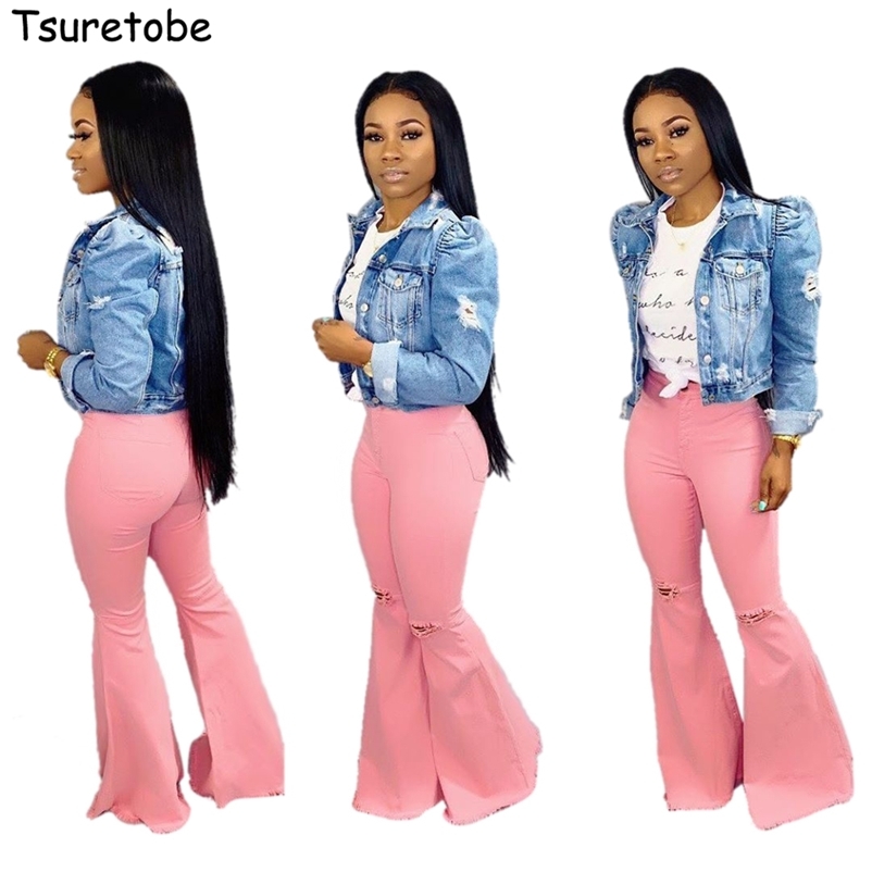 

Tsuretobe Ripped Jeans For Women High Waist Flare Vintage Bell Bottom Pink Denim Wide Leg Pants Female Trousers 210629