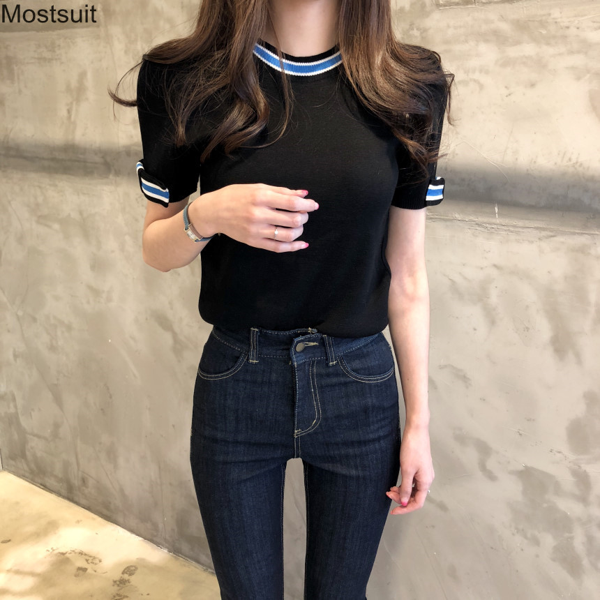 

Women Summer Knitted Tops Short Sleeve Fashion T-shirt Ladies Bodycon Elegant Tee Shirt Femme Black White Korean Clothes 210518