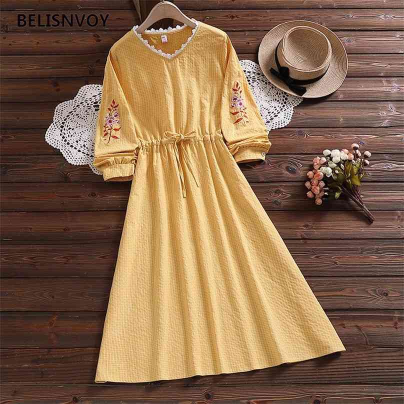 

Spring Autumn Arrival Dress Women Long Sleeve Floral Embroidery Jacqueline V-neck Sweet Lady Vestidos A-Line Plaid 210520, Clear