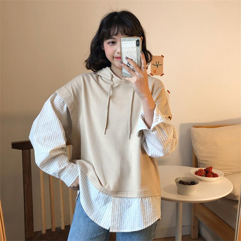 

Women Sweatshirts Two-piece Hooded Harajuku Loose Color Matching Stripes Casual All-match Bf Apricot Tops Women's Hoodies