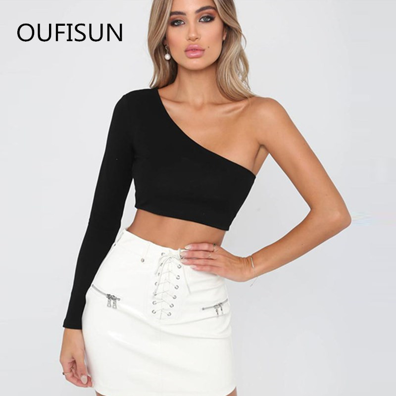 

Oufisun Summer Sexy Backless One Shoulder Long Sleeve Short T-shirt Solid Color Slim Casual Women' Tops  210517, Black