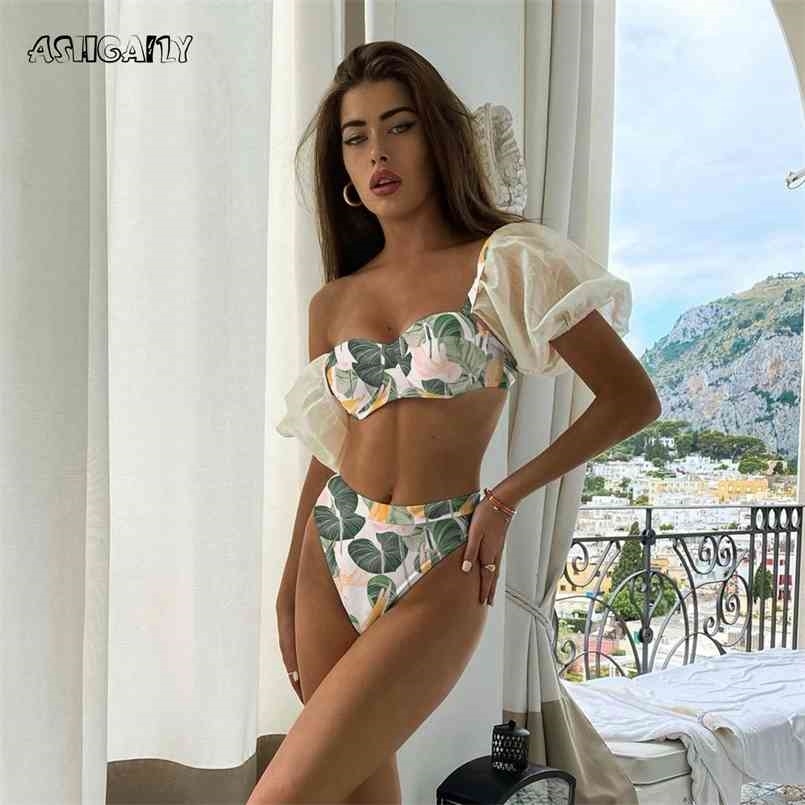 

High Waist Swimwear Women Swimsuit Bikini Bandage Bikinis Set Padded Bathing Suit Leaf Print Biquini Maillot de bain 210630, As the picture