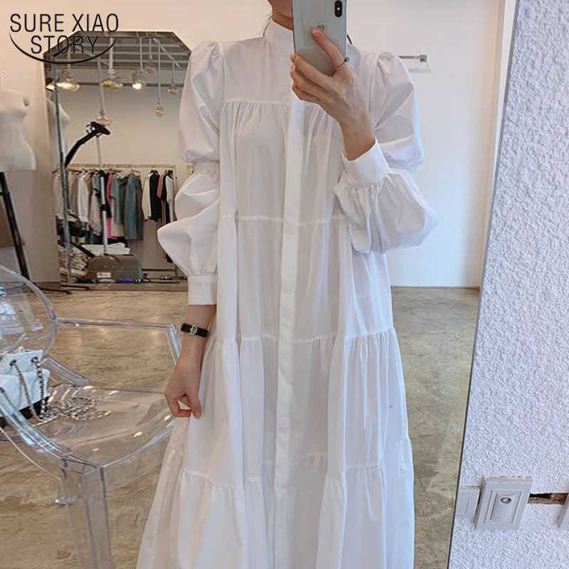 

Single-breasted Vestidos Stand Collar Long Sleeve Solid White Dress Women A Line Vintage Dresses Korean Style Arrival 14390 210527, Black