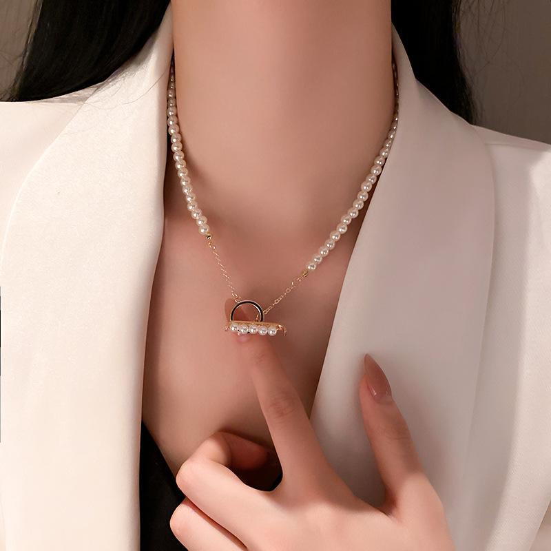 Pendant Necklaces Origin Summer Delicate Double Layers Simulated Pearl For Women Korean Gold OT Toggle Clasp Chokers Necklace Jewelry-image-704086252