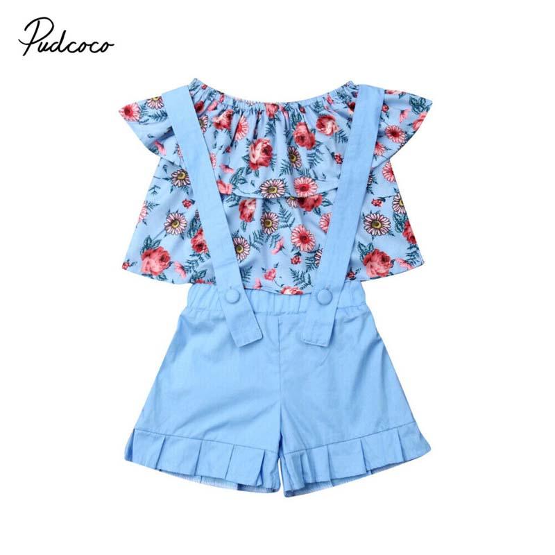 

Clothing Sets 2021 Baby Summer Toddler Girls Clothes Floral Off-Shoulder Tops Shirt +Overall Bib Shorts 2Pcs Outfit Set, White