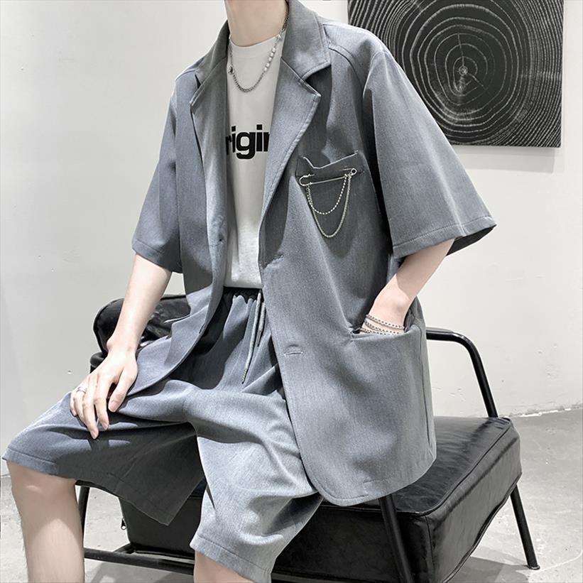 

summer casual suit korean mens tracksuits fashion ruffian handsome coat short sleeve tide matching, Gray