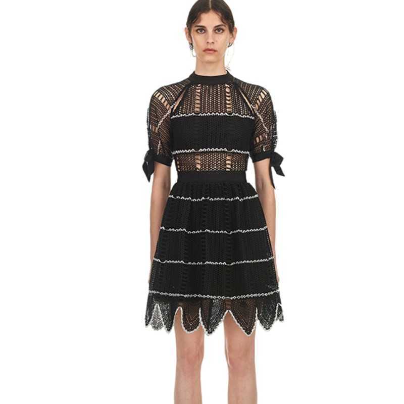 

Summer Fashion Black Lace Hollow Out Mini Dress Women' Short Sleeve High Waist A-Line Vestidos 210526