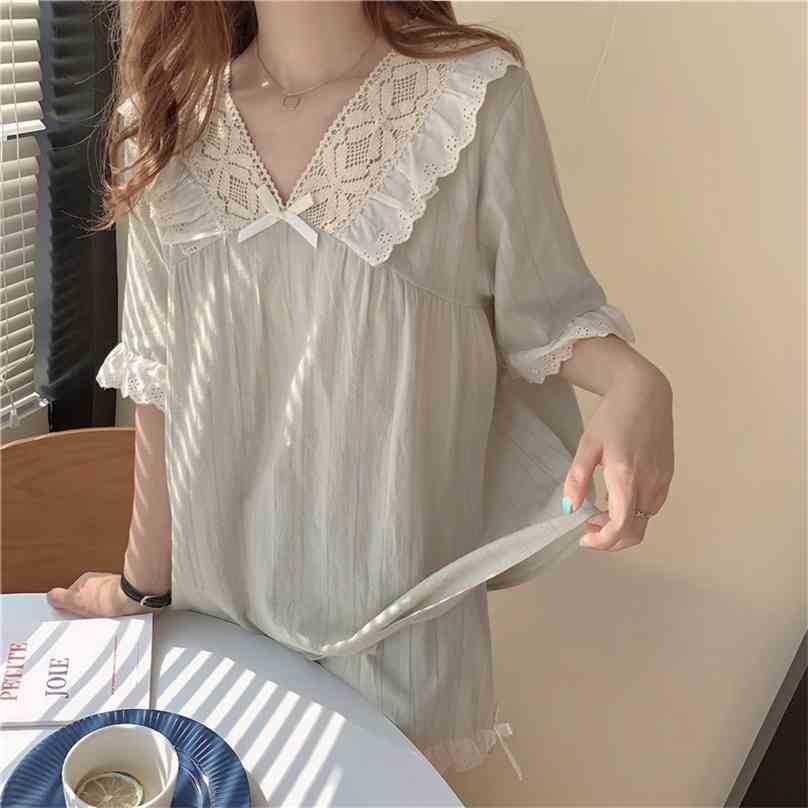 

Summer Casual Lace Patchwork Cotton Pajamas Two Piece Suits Soft Stylish Sleepwear Women Home Chic Loose Sets 210525, Green