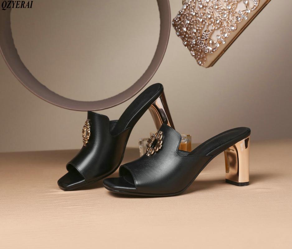 

Slippers Spring/summer Genuine Leather Women's 6cm Metal Heels European Sandals Cowhide Shoes Sizes 34-40, Black