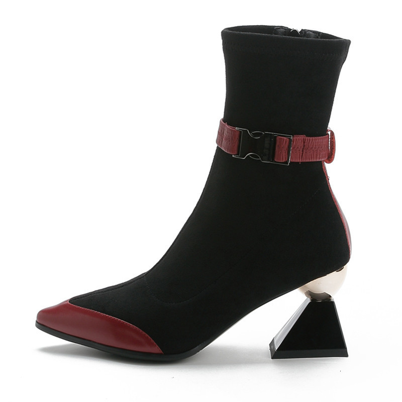 

Boots Autumn winter sock shoes strange high heel short boots female pointed toe strap buckled decor pactwork ankle D1EU, Wine red