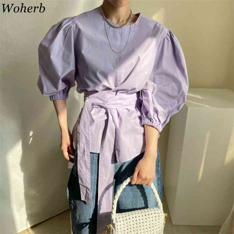 

Summer Puff Sleeve Blouse Shirt Women Bandage Blusas O-neck Solid Korean Vintage Fashion Office Ladies Mujer 210519, Black