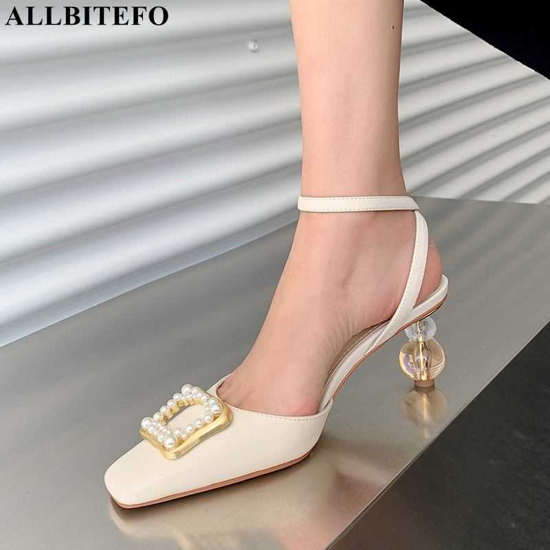 

ALLBITEFO size 34-42 Special heel design genuine leather fashion sexy women heels shoes summer Expose the heel women sandals 210611, As picture