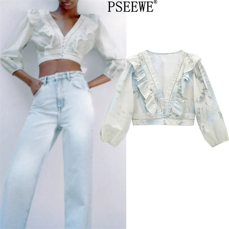 

Tie Dye Print Women Blouse Summer Ruffle V Neck Puff Sleeve Cropped Shirts Woman Fashion Lace Elegant Blouses 210519