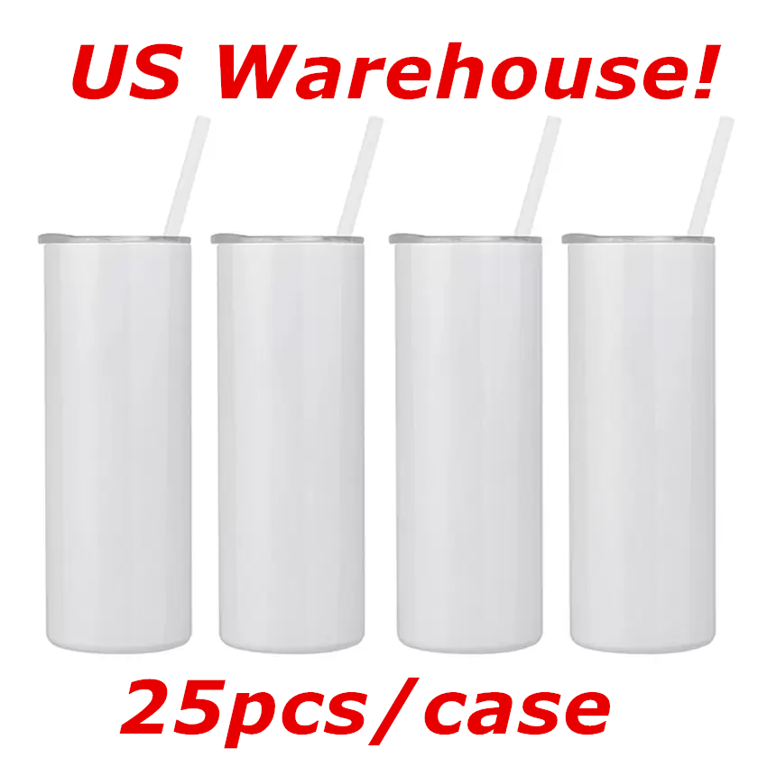 

Local warehouse! Sublimation Tumbler Straight 20oz with rubber bottom stainless steel straws water bottles double insulated cup vacuum beverage cups fast ship A13, White
