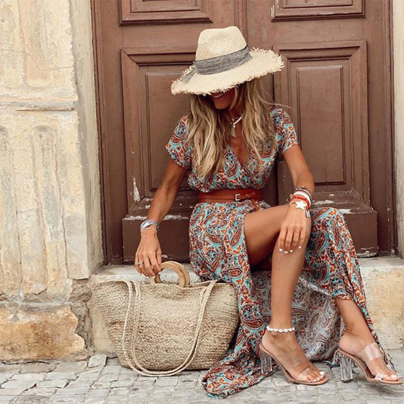 

Casual Dresses Puimentiua 2021 Summer Beach Maxi Dress Women Floral Print Boho Long V-Neck Split Sexy Party Robe Femme, Wine red