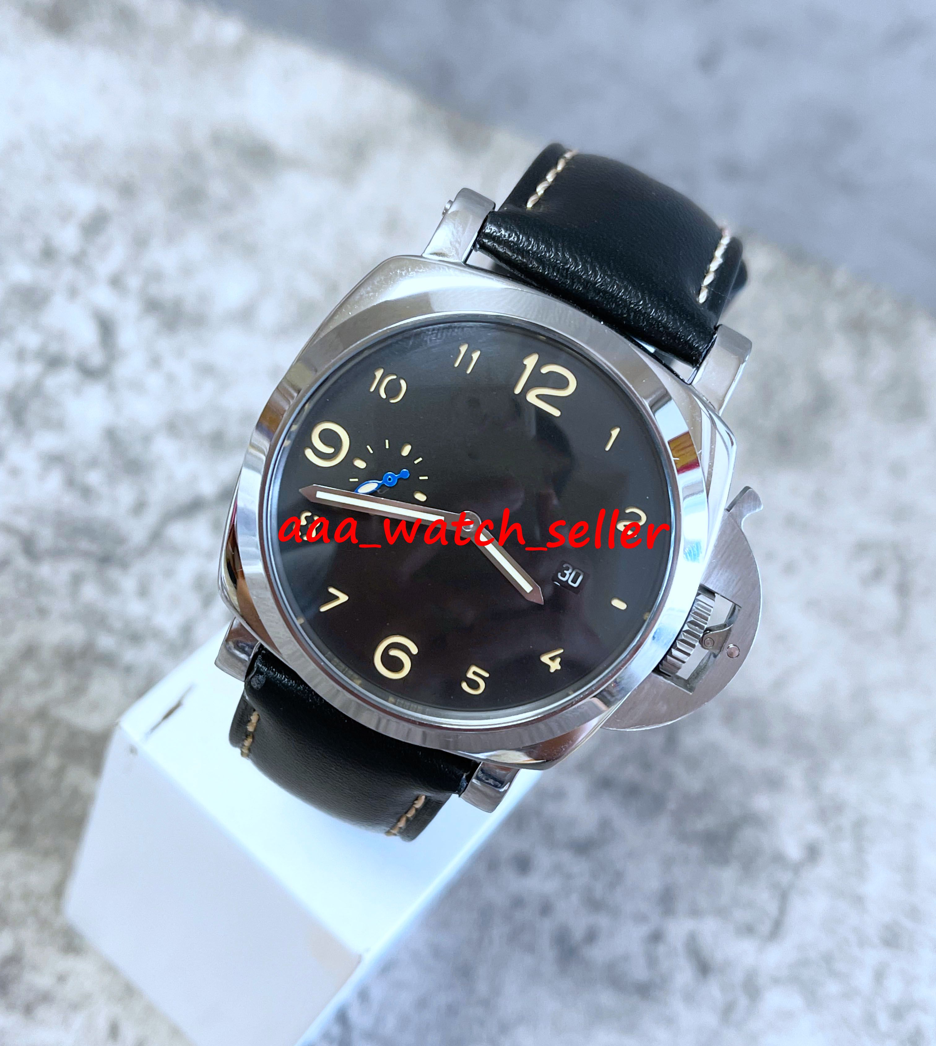 

V7 factory Master Luxury mens watches 44mm sub military style P01312 black leather strap automatic movement transparent back luminous sapphire sport wristwatches, P1