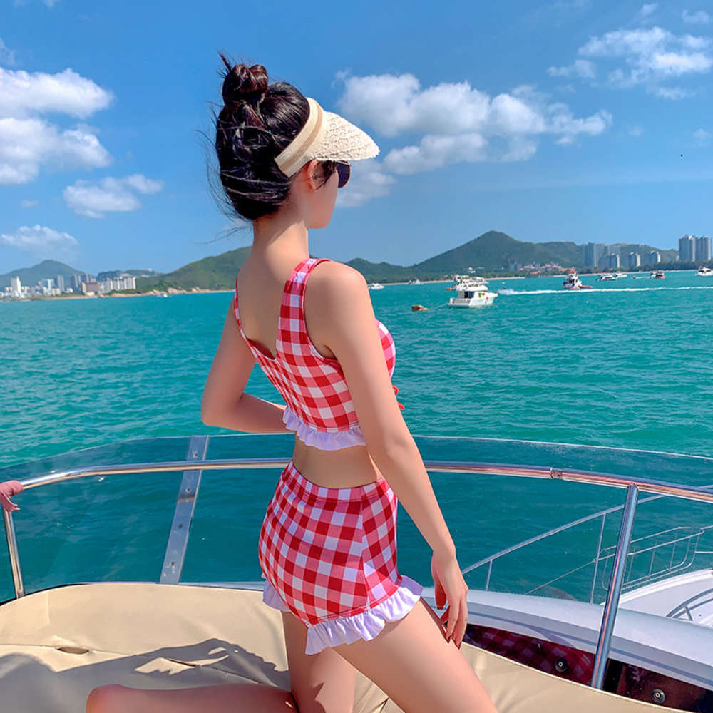 

Split Piece Bikini Sexy Plaid Student Swimsuit Women's triangl swimwear, Blue 5996