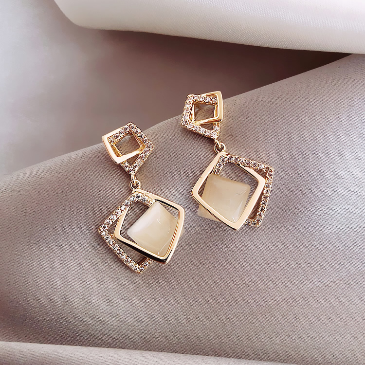 Titanium steel diamond opal gemstone Charm square earrings classic fashion noble atmosphere luxury student wedding anniversary gift for girlfrien-image-704064512