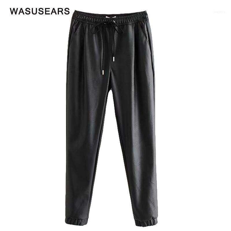 

Women's Pants & Capris High Waist Joggers For Women Black PU Leather Faux Elastic Sweatpants Winter Trousers Streetwear1, Black;white