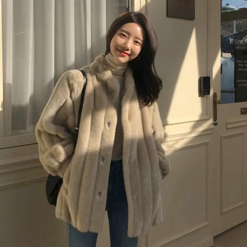 

Women's Fur & Faux 2022 Winter Imitation Mink Fleece Coat Stand Collar Loose Thick Warm Jacket Korean Fashion Women Plush Outwear, Black