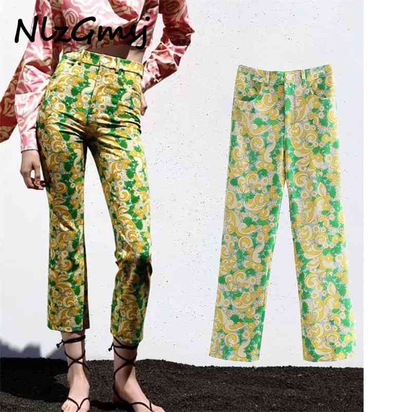 

Pant Ankle-Length Floral Print Trouser High Waist Straight Pantalon Female Fashion Zipper 05 210628, As picture