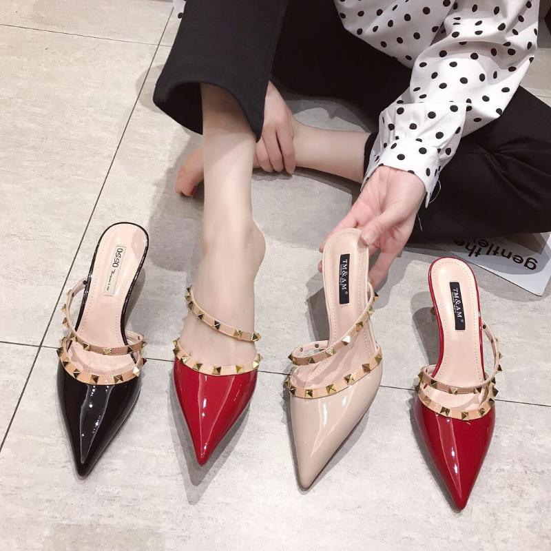 

Internet Slippers Women's Summer 2021 Fashion Rivet Pointed Toe Stiletto Heel High Heels Cap, Black
