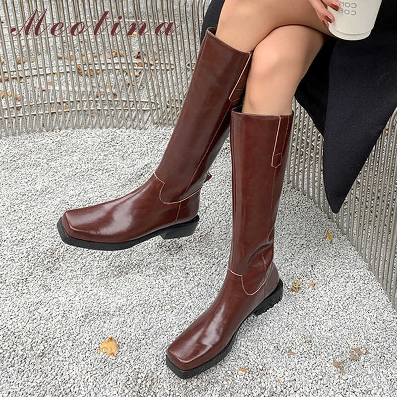 

Meotina Med Heel Woman Boots Real Leather Knee High Boots Thick Heel Shoes Square Toe Ladies Long Boots Autumn Winter Brown 39 210608, Black velvet lining