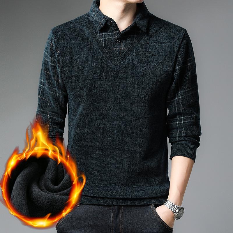 

Men's Sweaters 2021 Autumn Winter Simple Plaid Plus Velvet Thick Fake Two-piece Slim Knit Sweater Size All-match Men Top, White;black