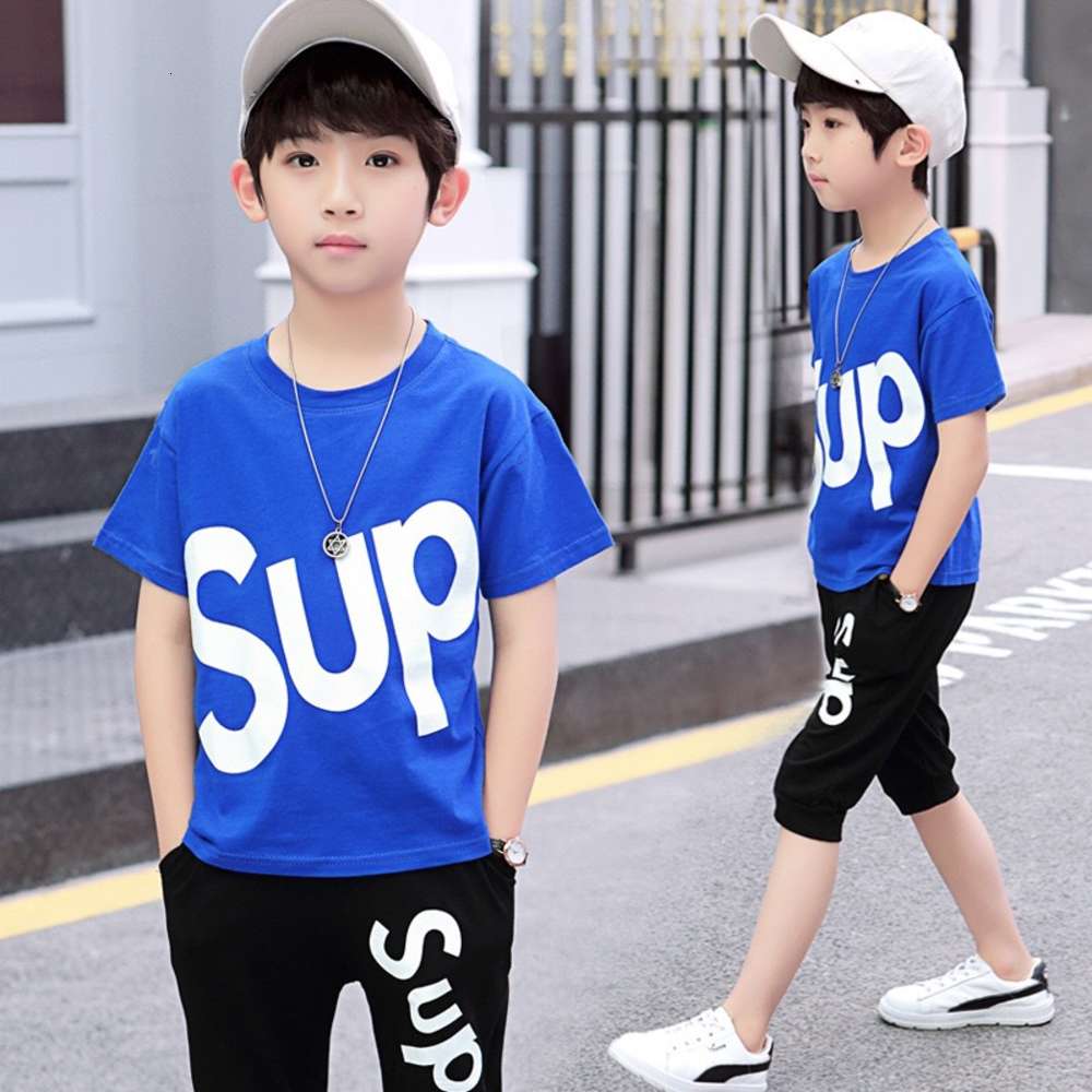 

Summer boys' T-shirt set pure cotton summer two piece Korean Short Sleeve leisure sports, White